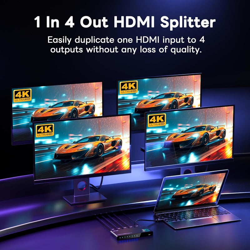 JCHICI موزع HDMI 4K 1x4 لجهاز PS5/Xbox/Apple TV - HDMI 2.0 4K@60Hz HDR10 ورؤية دولبي، 1 مدخل 4 مخارج مع أوضاع EDID (تلقائي/نسخ/تقليل الحجم)، HDCP 2.2، 18Gbps لمسرح منزلي/إعداد متعدد الشاشات - Image 2